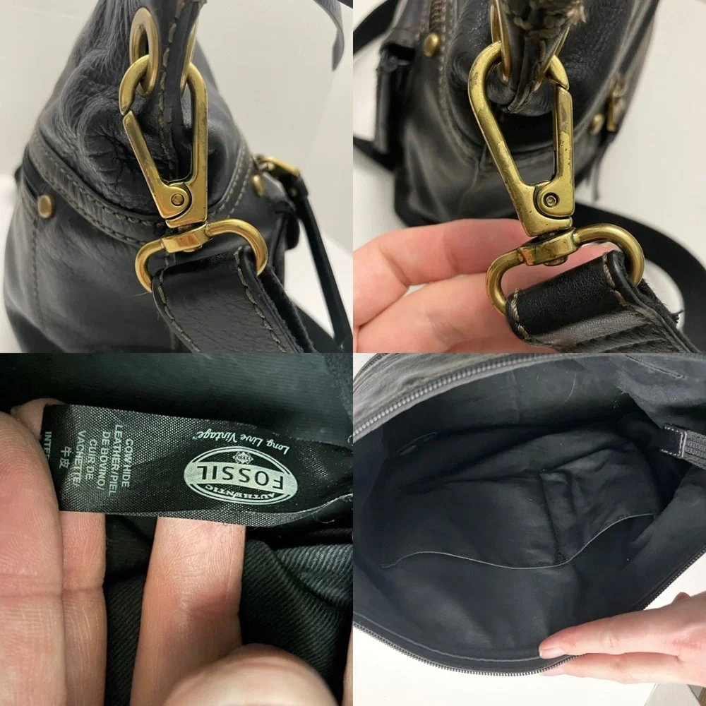 Vintage Fossil Purse Crossbody Leather Pockets Buckle Adjustable Black Bronze - Picture 11 of 16